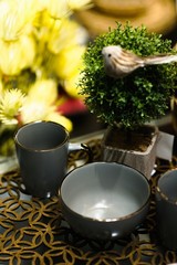background decoration with cup of chocolate on table with copy space. tree wallpaper for celebration