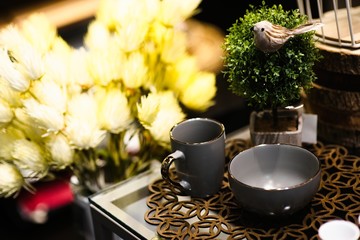 background decoration with cup of chocolate on table with copy space. tree wallpaper for celebration