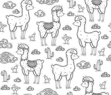 Vector baby llama cartoons seamless pattern, black silhouette for coloring.