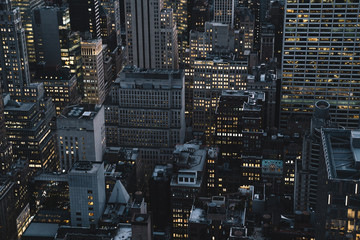 Evening skyscrapers with lights in New York