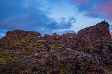 Iceland in september 2019. Great Valley Park Landmannalaugar, surrounded by mountains of rhyolite and unmelted snow. In the valley built large camp. Evening in september 2019