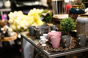 background decoration with cup of chocolate on table with copy space. tree wallpaper for celebration