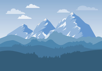 Mountain landscape with alpine meadows at dawn. Mountains with beautiful natural trees and beautiful sky with clouds. Vector illustration.