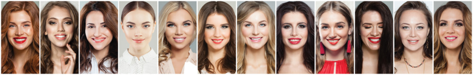 Fototapeta premium Pretty women faces collage. Beautiful woman smiling and laughing, positive emotions, fashion portraits