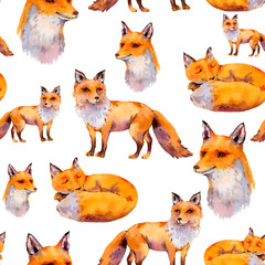 Watercolor woodland foxes seamless pattern, portrait fox, sleeping fox