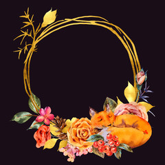 Watercolor floral gold frame with sleeping fox, Rose, berries, pine cone and wildflowers.
