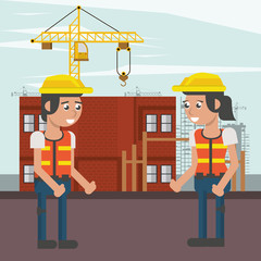 couple of builders working under construction scene