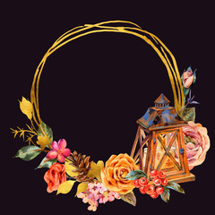 Watercolor floral gold frame with vintage wooden lantern, roses and wildflowers.