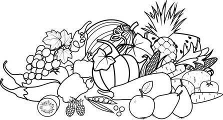 Coloring page. Composition of different vegetables and fruits isolated on white background