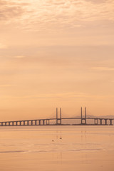 Penang bridge Malaysia view the morning landscape after sunrise,  Transportation routes to Penang Island Georgetown landmark cityscape, beautiful background structure skyline evening