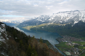 Obraz na płótnie Canvas A View of Lake Brienz from Harder Kulm Viewpoint in Interlaken, Switzerland