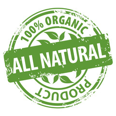 All Natural 100 percent Organic product green rubber stamp icon isolated on white background.