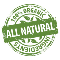 All Natural 100 percent Organic ingredients green rubber stamp icon isolated on white background.