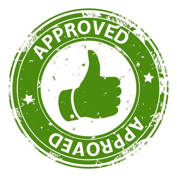 Approved text round rubber stamp icon with thumb up symbol isolated on white background. Symbol of approval.