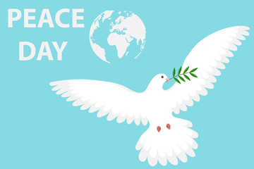 Dove of peace with olive branch on a blue background. Cartoon illustration of a white dove of peace. White dove set with peace and olive branch symbols.