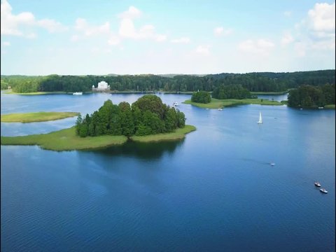 Trakai, Lithuania. Surroundings of the Beautiful Trakai Castle in Lithuania. One of the most most popular tourist attractions in Lithuania. Aerial footage taken with Mavic Pro drone.
