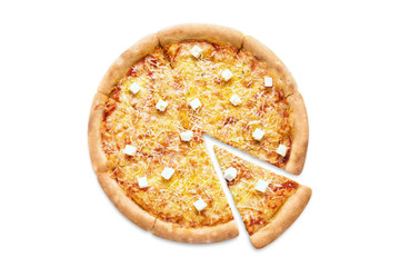 Delicious pizza with 4 cheeses (mozzarella, parmesan, cheddar and feta), isolated on white background