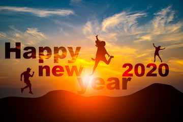 Silhouette cheerful people jumping on mountain, happy new year 2020 concept
