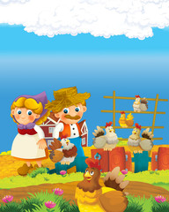 cartoon scene with happy farmer man and woman on the farm ranch illustration for the children