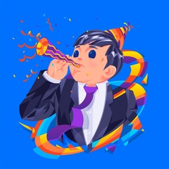 illustration of a boy blowing a party trumpet with a sprinkling of confetti and blue background to celebrate the party.