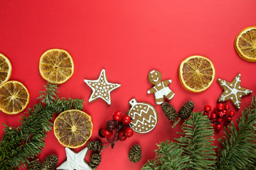 Fototapeta na wymiar Christmas design elements on red background. Holiday, new year concept