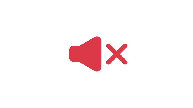 Icon animation of red sound off symbol, white background.
