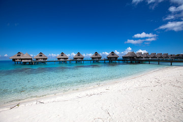 house over the water of a blue tropical sea with a thatched roof in a typical authentic Polynesian style