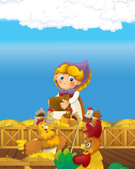 Naklejka premium cartoon scene with happy farmer woman on the farm ranch illustration for the children