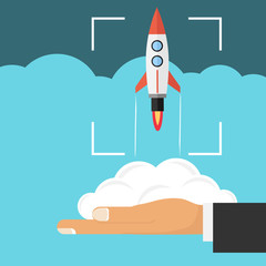 Startup icon, startup logo. The rocket takes off from the palm of a businessman.