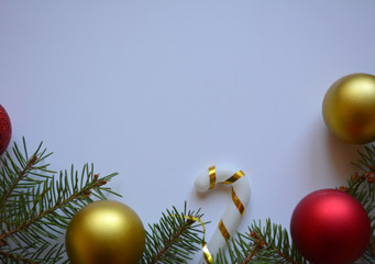 Frame of fir branches and Christmas balls. Beautiful festive Christmas composition, congratulation