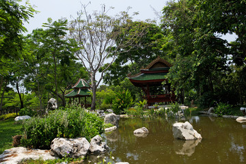 Beautiful arbor in the green near the pond. The ancient city - Muang Boran