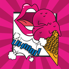 poster pop art style with female mouth eating ice cream