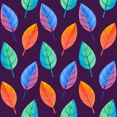 Colorful stylized leaves on a violet background. Seamless pattern for wrapping paper, wallpaper, and textile design