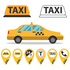 Taxi service vector icons. Taxi signs. Checkered taxi, car, passenger, transportation, trip.