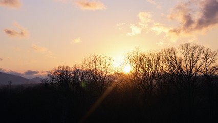 Sunset Over the Blue Ridge Mountain in Autumn with Leafless Trees