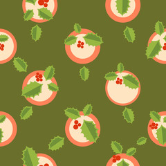 Flat colorful christmas seamless pattern. Simple repeated holly leaves.