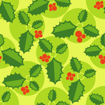 Flat colorful christmas seamless pattern. Simple repeated holly leaves.