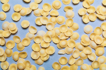classic orecchiette italian raw pasta on white background