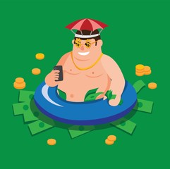 rich man swiming on the money cartoon flat illustration vector