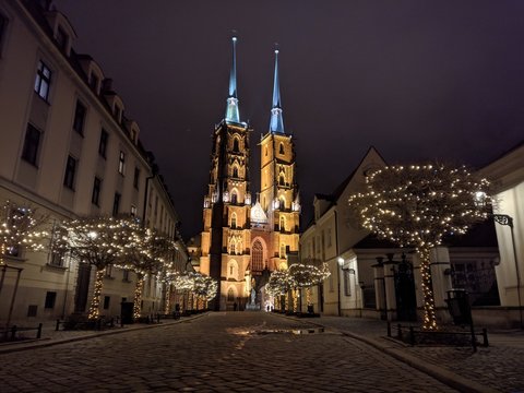 Image of Wroclaw Cathedral and Christmas Illuminations on Trees at Night