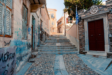Syros, Greece casual photos from city streets and buildings at summer light