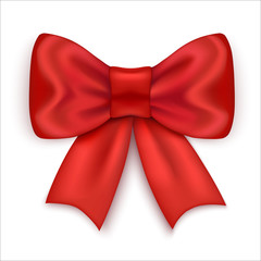 Bright red satin bow with ribbons. Festive decoration. Isolated on a white background. Vector illustration