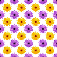 Fototapeta na wymiar Yellow and purple hand-drawn watercolor flowers on a white background. Colorful seamless pattern for fabric design, wallpaper, and wrapping paper. 