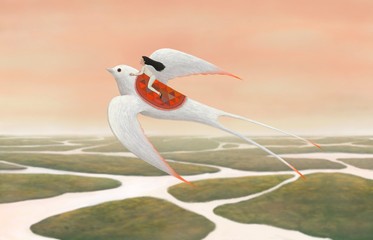 Freedom and dream concept, imagination of surreal scene a young woman riding a white bird flying in the sky, digital artwork