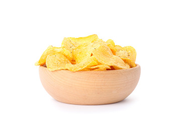 Potato chips in a bowl isolated on white background, space for text