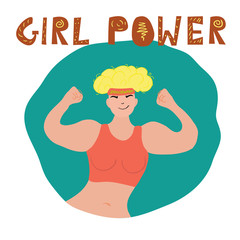 Girl power lettering.  Female doing flexing gesture with hands for girl power, strength or health and fitness concept. Strong woman isolated illustration.