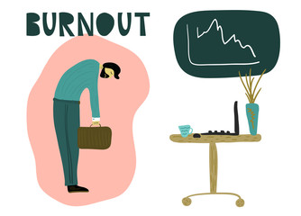 Tired man with a briefcase, head down in front of an office table with a laptop. Overwhelmed workaholic has no energy to move on. Professional burnout, low energy. Flat cartoon vector illustration. 