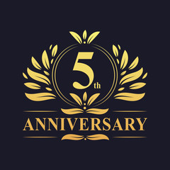 5th Anniversary logo, luxurious golden color 5 years Anniversary logo design celebration.