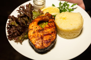 Grilled fish and cuscus, served on plate with herbs.