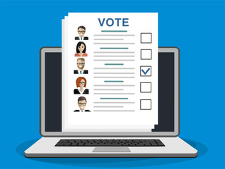 Online Ballot paper with candidates. Election bill. Vote document with faces. Vector illustration in flat style